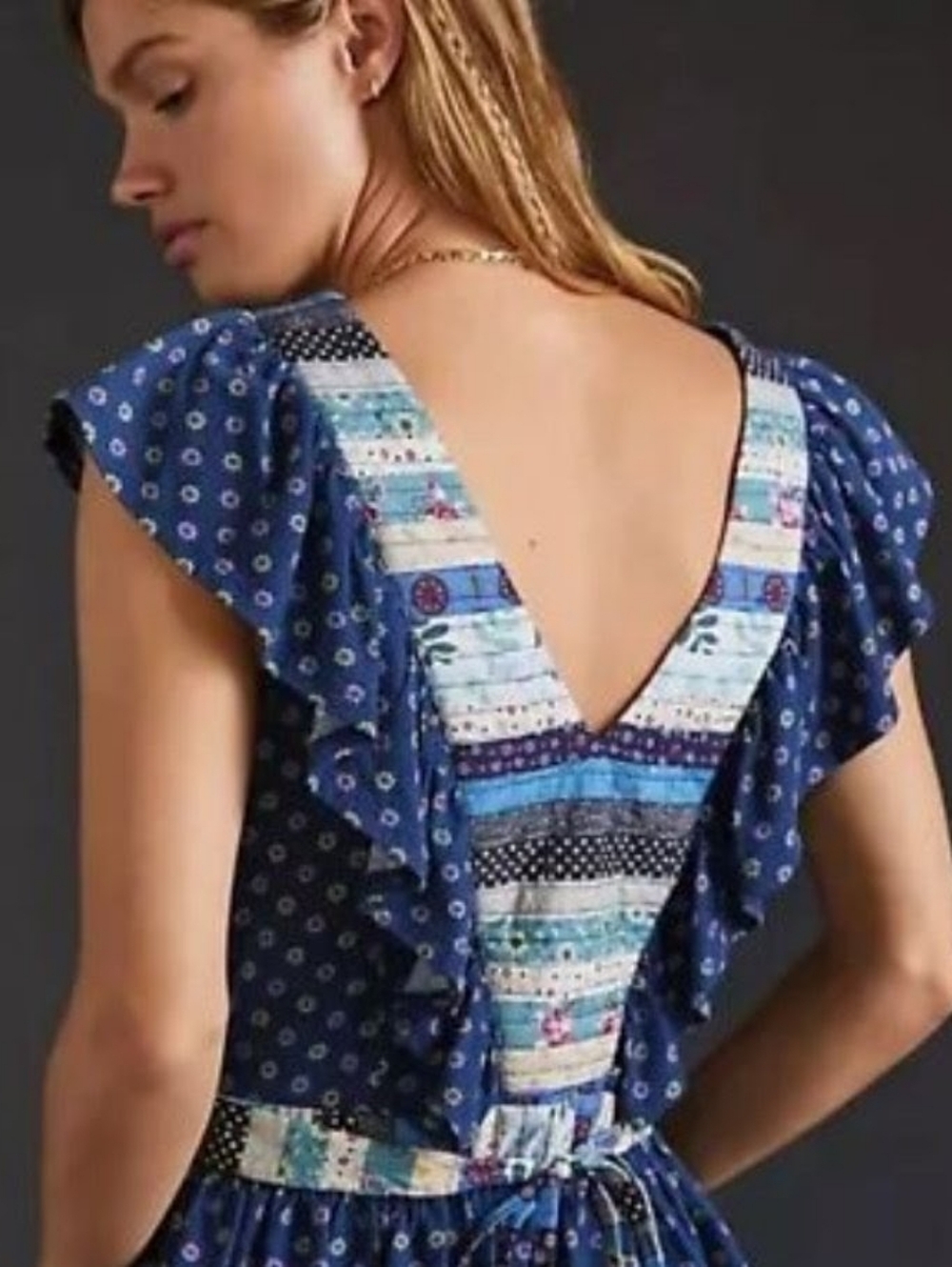 NWT Anthropologie Let Me Be Patchwork V-neck Peplum Blouse In Navy - S - Picture 2 of 10
